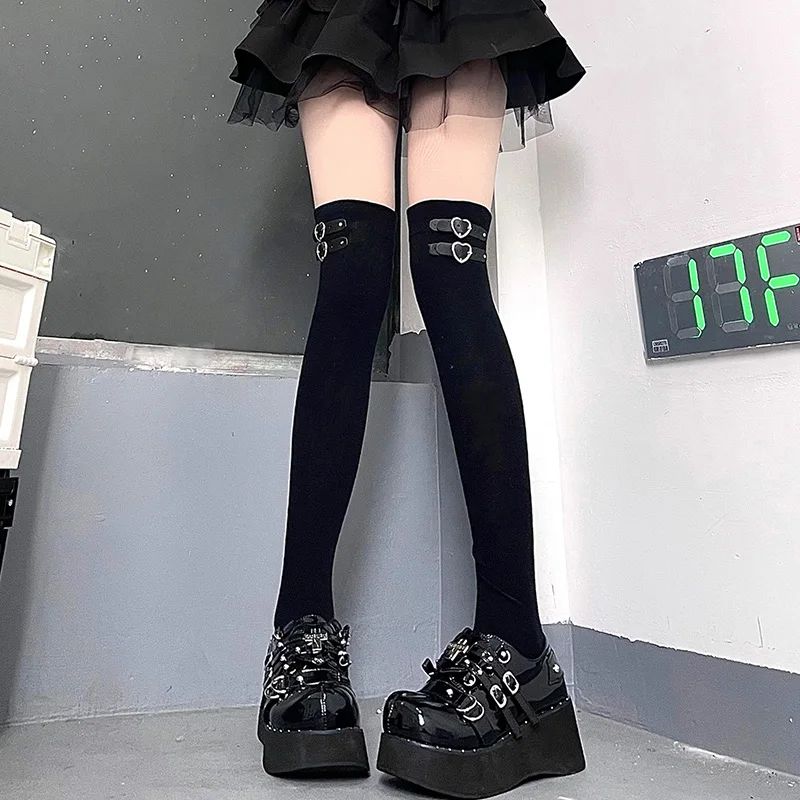 

New Japanese Hot Girl Gothic Harajuku Punk Love Leather Buckle Socks Streetwear Girls Fashion Black Sweet Socks