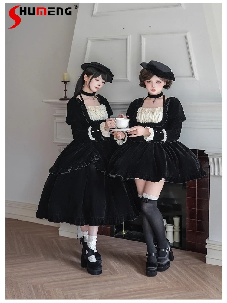 

Original French Elegant Retro Lolita OP Dress Square Neck Bow Long Sleeve Fishbone Slim Black Velvet Long Dress for Women Autumn