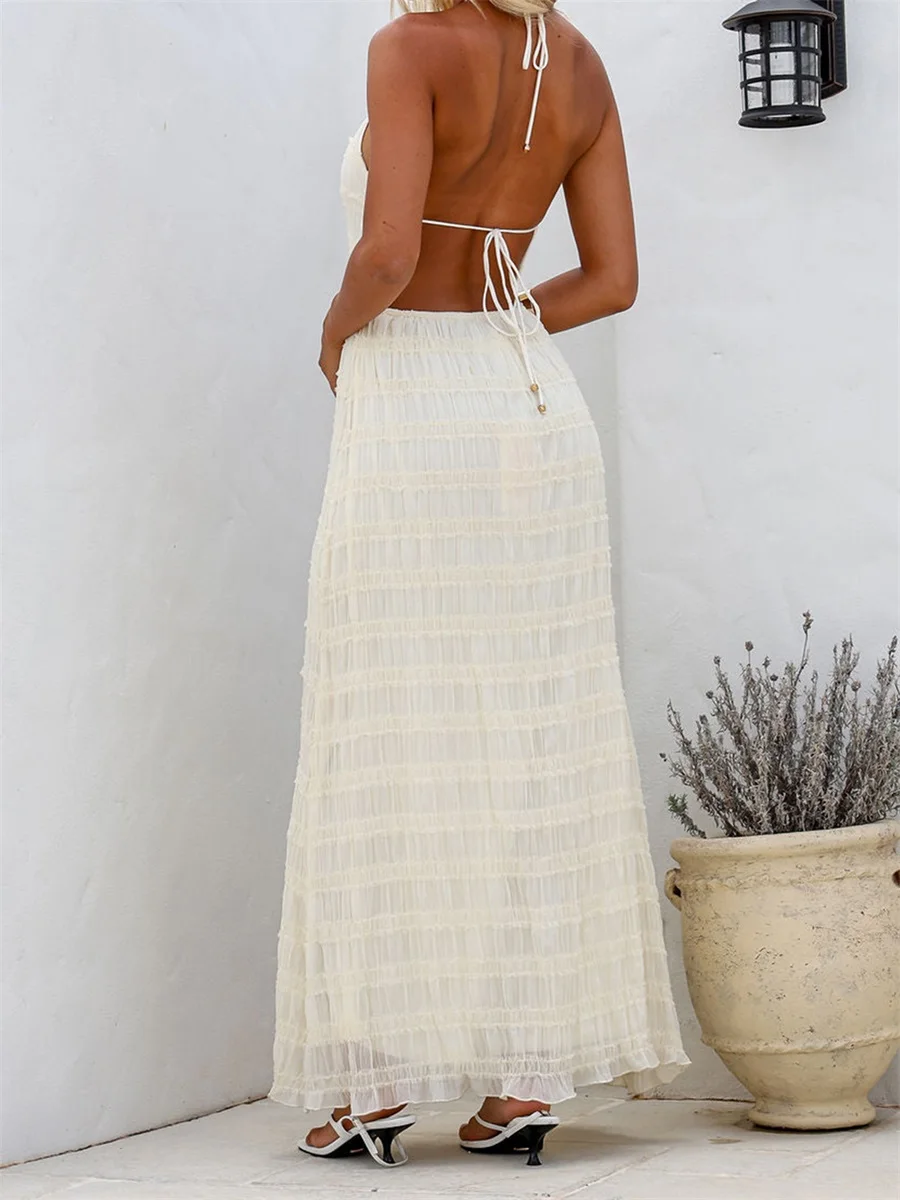 Vestido longo feminino com gola halter e babado em camadas vestido sólido com cordão e cinto sem mangas