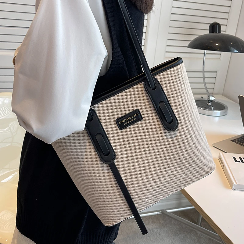 Large Capacity Women Tote Bag Fashion Contrast Color Canvas Female Handbag High Level Textured Office Ladies One Shoulder Bag