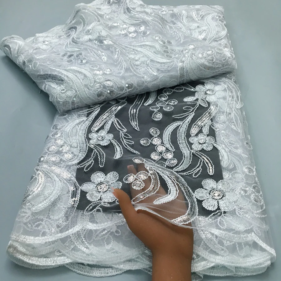 

2026 Белая сетчатая тюлевая кружевная ткань с блестками, 5 ярдов, вышитая африканская молочная шелковая кружевная ткань, высокое качество для шитья платья