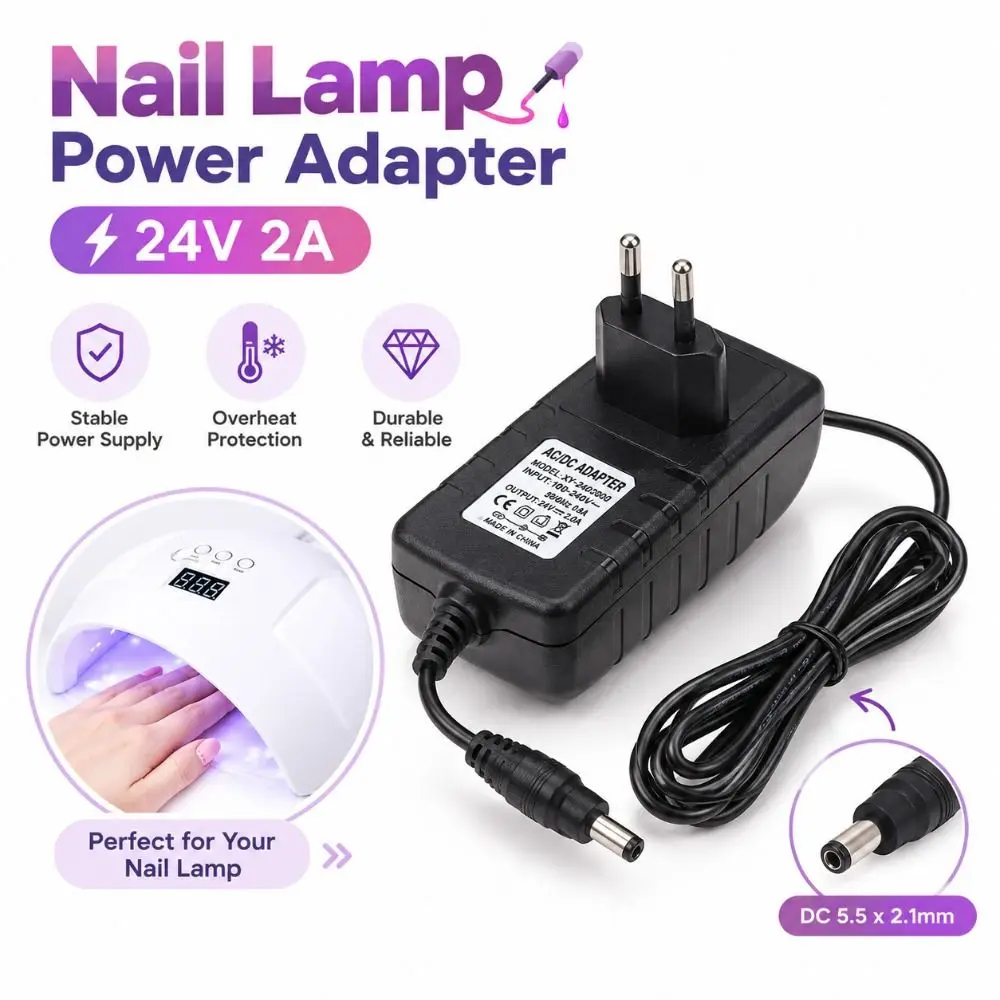 24V 2A Nail Lamp Power Adapter Black Regulated Output UV LED Lamp Adapter Interchangeable Plug AC DC Adapter UV LED Nail Dryer