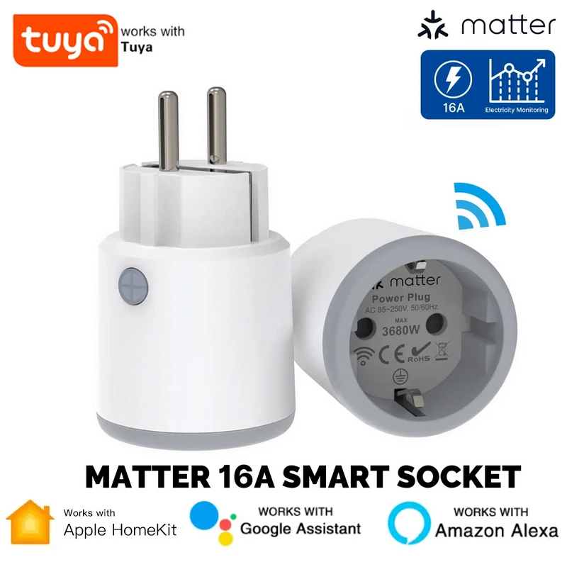 

Tuya Smart Plug Matter Wi-Fi Socket 16A Smart Timer Outlet Power Monitor Support TUYA Apple Homekit Work With Google Home Alexa