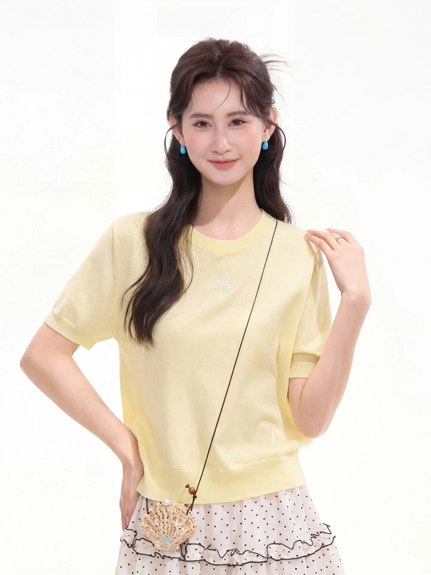 

Sweet Island Summer Versatile Light Wool Knitted Short Sleeve Knot Top round Neck Pullover Polyester Blend Knitwear