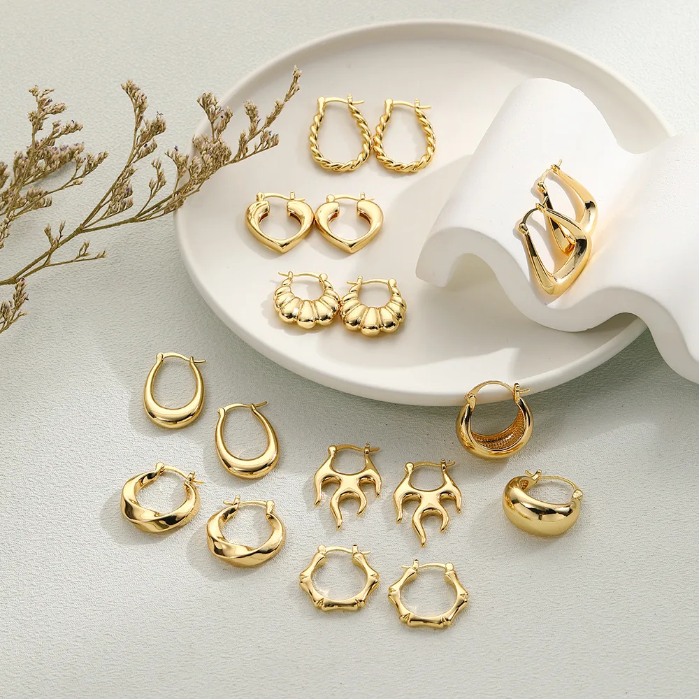 Vintage Trendy 14K gold color Hoop Earrings for Women Simple geometric Earring Waterproof Ear Piercing Jewelry Birthday Gifts