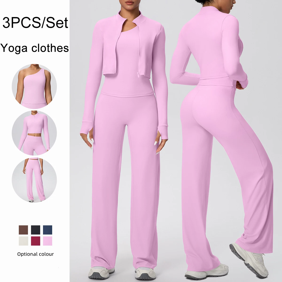 

3 шт., однотонный быстросохнущий комплект для йоги, женский комплект для бега на открытом воздухе, дышащий комплект для йоги на молнии с длинными рукавами, бюстгальтер на одно плечо, комплект брюк