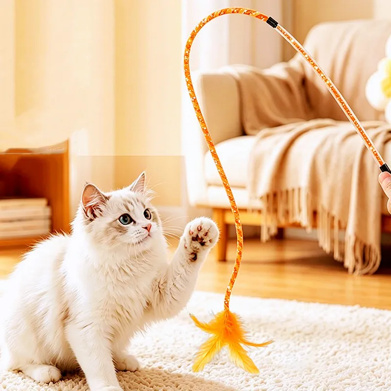 

Cat Toy Feather Stick Cats Teaser Toys Elastic Net Teaser Interactive Cat Toy Bite-resistant Feather Cats Stick Toys with Bell