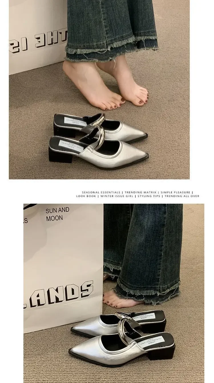 2026 Neue Damen-Cover-Toe-Mules mit Metallverzierung, dicker Absatz, bequeme Street-Style-Slipper – Detail 7