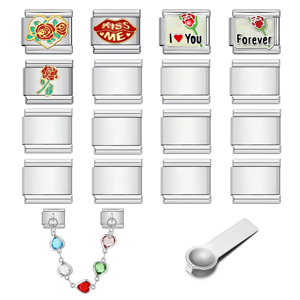 

Design Silver Color Love You Kiss Me Flover Tool Combination Set 9mm Italian 18pcs Pack DIY Stainless Steel Charm Jewelry Gifts