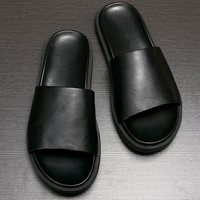 Luxury Mens Genuine Leather Slippers Handmade Quality Summer 2024 New Comfortable Classic Black Outdoor Daily Beach Shoes Man