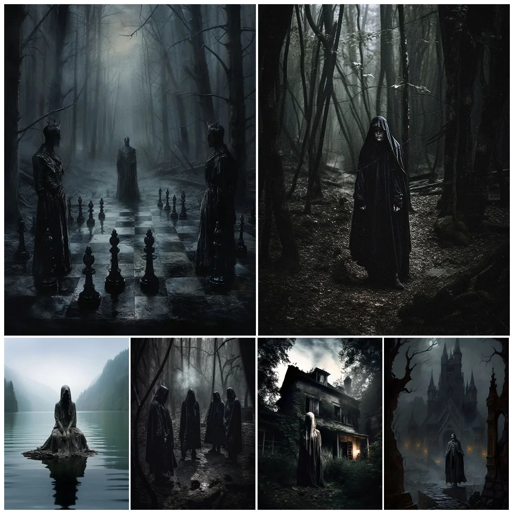 

Pagan Group In The Forest, Skeleton Ferrymen,Vintage Wall Art Canvas Painting Occult Witchcraft Gothic Art Poster Print Decor