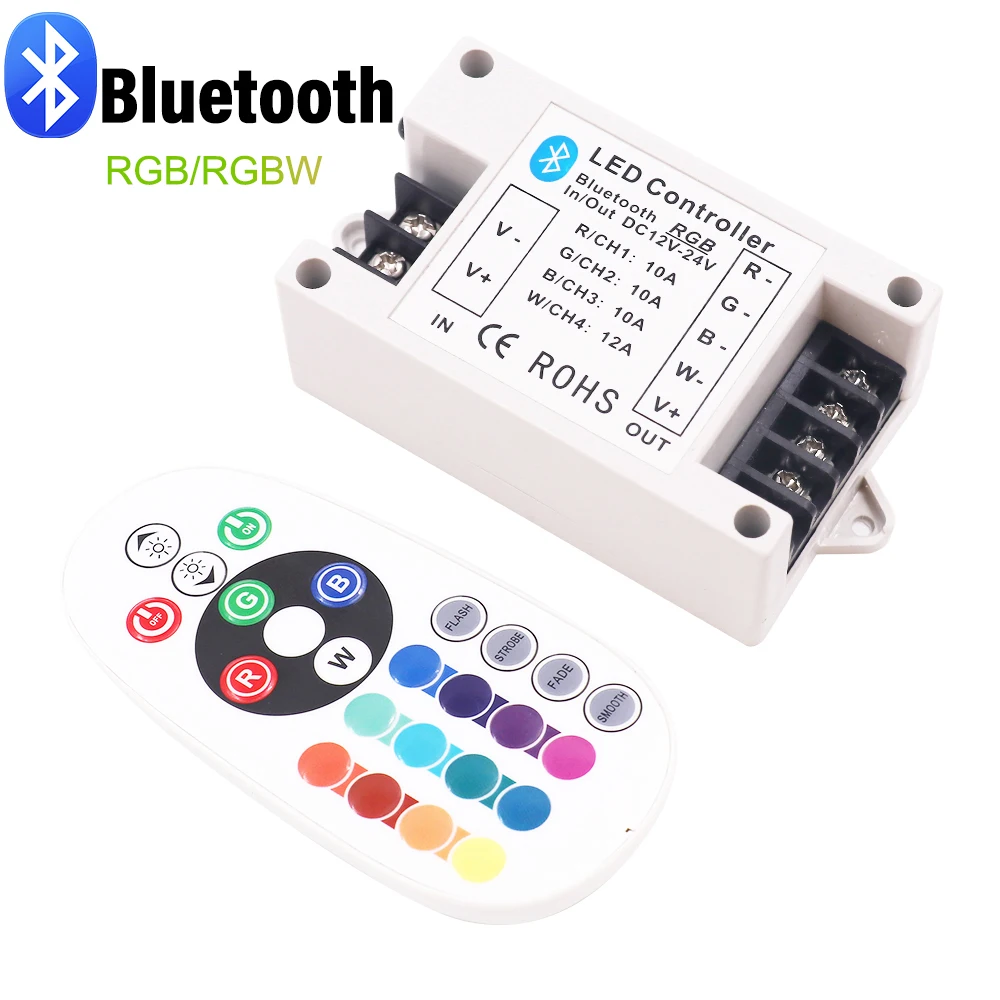 

RGB/ RGBW Bluetooth LED Controller 360W 30A/ 42A for DC12-24V RGB LED Strip Light BT RGB Controller With 24Key IR Remote Control