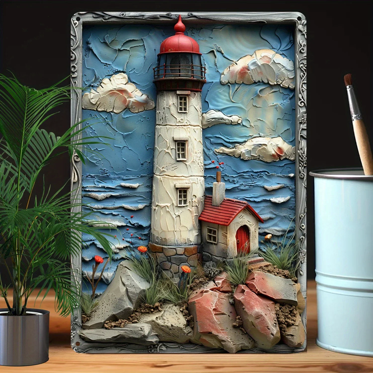 1Pc 3D Lighthouse Aluminum Wall Art 8x12 Inch Ocean Theme Metal Decor Indoor/Outdoor Decorative Plaque for Home Garden Classroom