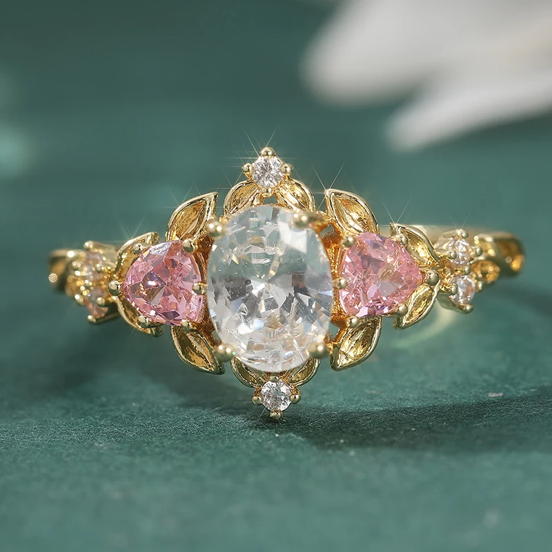 2-teiliges Retro-elegantes rosafarbenes synthetisches Zirkon-Ring, Verlobungsantragsgeschenk für Damen, Schmuck – Detail 6