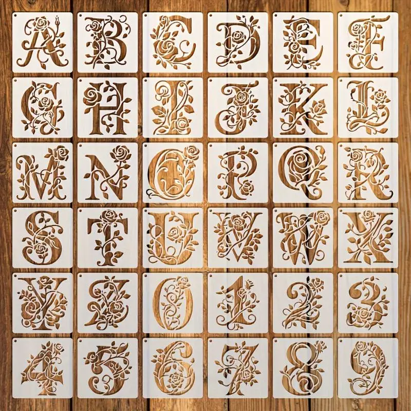 36pcs bloemen alfabet nummer stencils herbruikbare Rose Vine brief holle schilderij graffiti sjabloon spuitgietmatrijs voor muurstickers