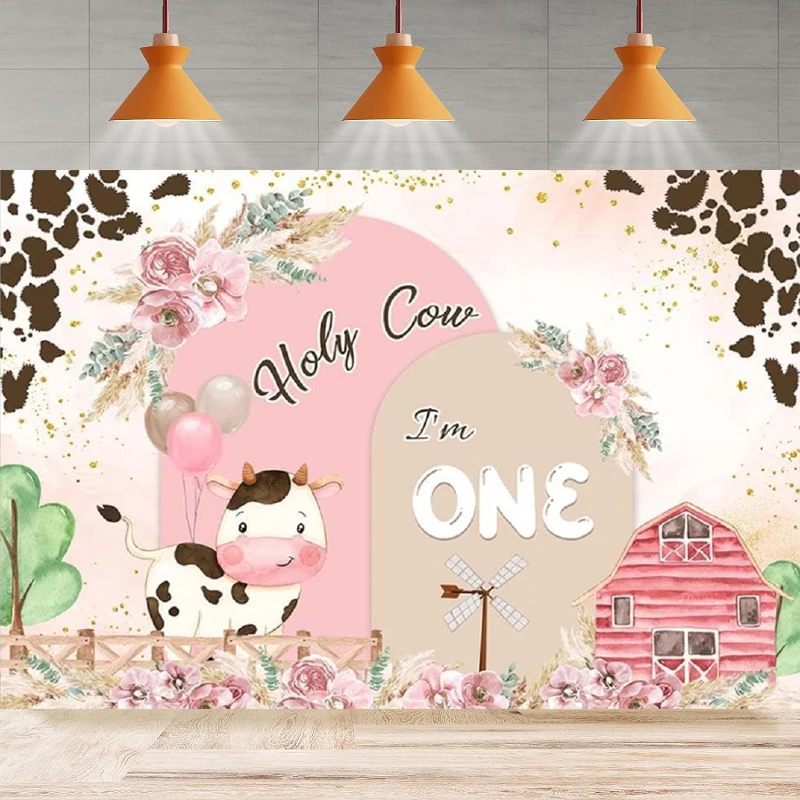 Holy Cow I'm One Photography Backdrop Party Girls Boho Pampas Floral Arch Farm Cow 1st Birthday Background Wall Decor Banner