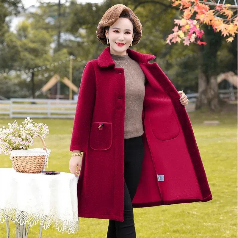 2023 Spring Autumn New Wool Coat Women's High-Grade Mother's Long Square Collar Slim Fur Coat With Imitation Mink Velvet Coat