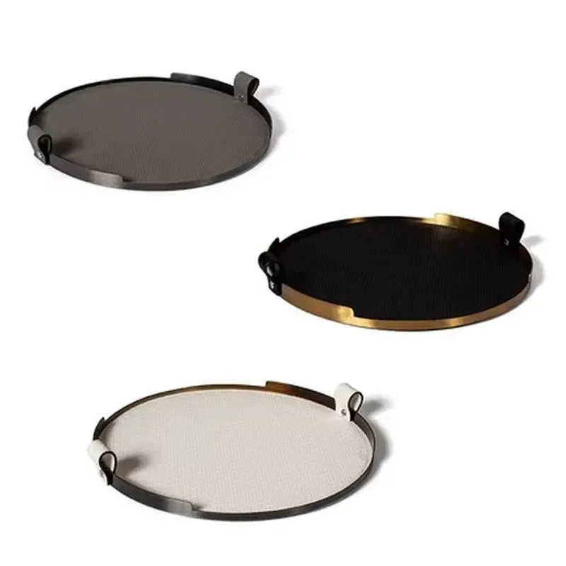 for New custom round hotel coffee tray imitation leather tray metal bamboo rattan home kitchen food tray