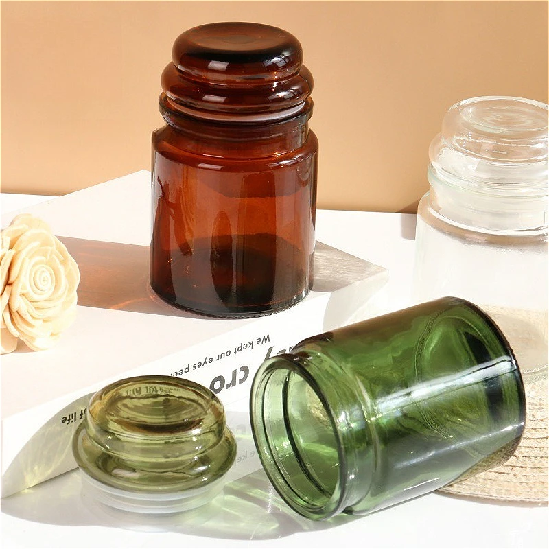 Vintage Amber Glass Candle Jar with Lid, Heat Resistant DIY Candle Making Cup, Empty Spice Storage Bottle