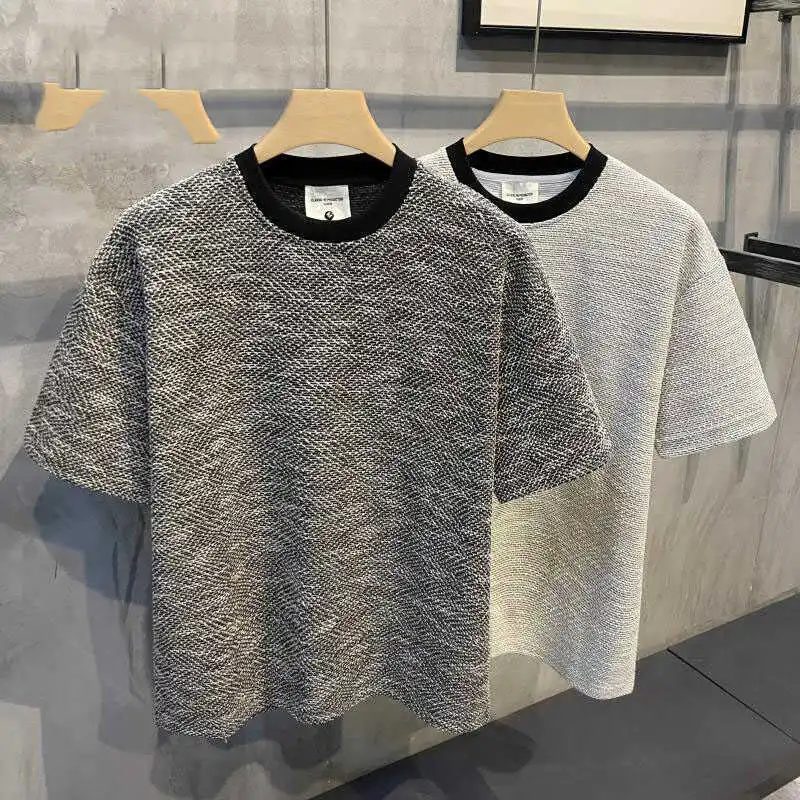 Xiaoxiangfeng Contrasting Color Retro Round Neck Short-sleeved Shirt for Men Handsome British Casual Loose Shoulder T-shirt Top