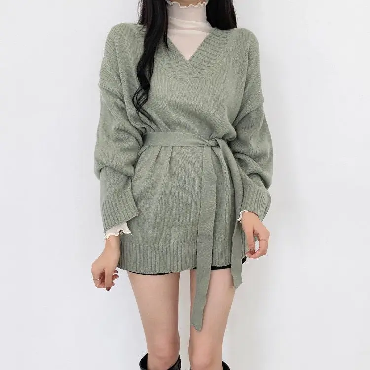 

Утягивающий свободный трикотаж с v-образным вырезом, женский модный длинный свитер с поясом, удобная повседневная одежда на весну, осень и зиму