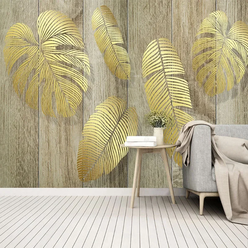 

Custom Mural Wallpaper Modern 3D Stereo Golden Leaf Wood Board Mural Living Room Bedroom Background Wall Paper Papel De Parede