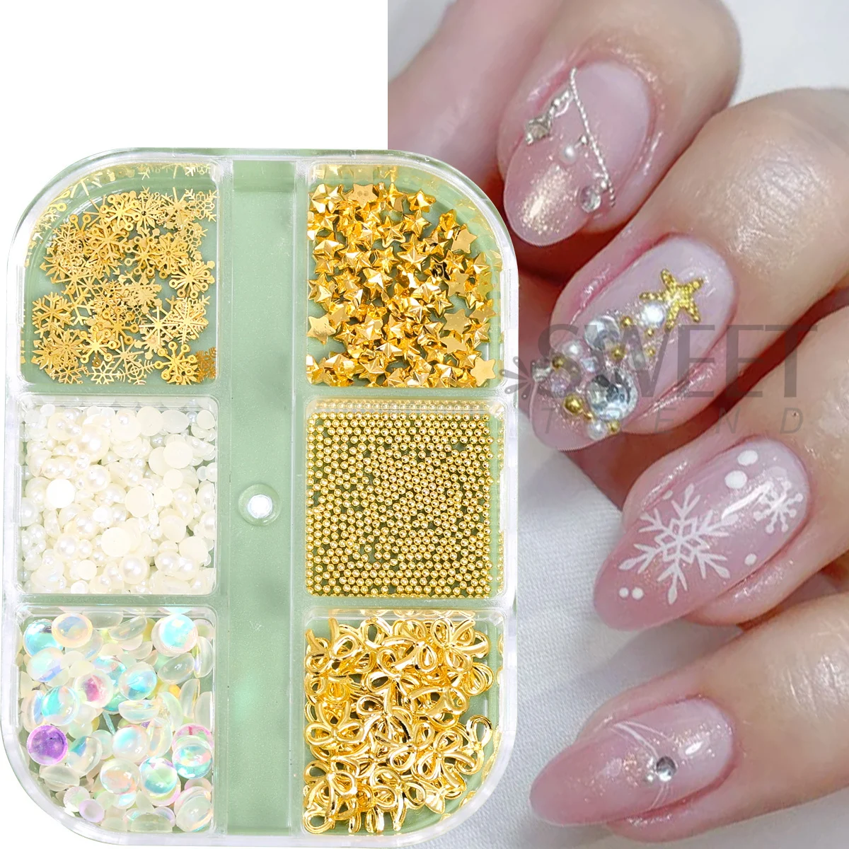 ชุดตกแต่งเล็บคริสต์มาส 6 ช่อง ลายดาว โบว์ เกล็ดหิมะ ดีไซน์เครื่องประดับ ไข่มุกคาเวียร์ ลูกปัดแบน ไข่มุกเมอร์เมด สำหรับตกแต่งเล็บฤดูหนาว