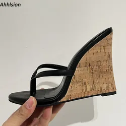 Ahhlsion Handmade Women Mules Sandals Flip-Flop Wedges Heels Round Toe Elegant Black Party Shoes Ladies Plus US Size 5-20