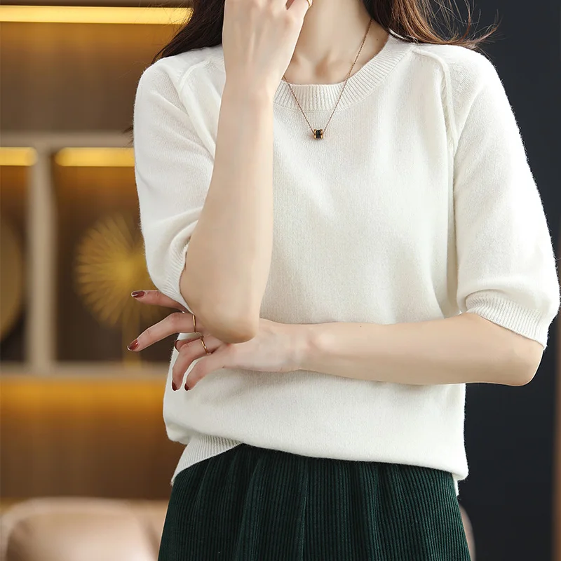 Spring New 100%Pure Wool T-Shirt Ladies Round Neck Knit Short Sleeve Loose Cashmere Sweater Summer Wild Knit Pullover Base Tops