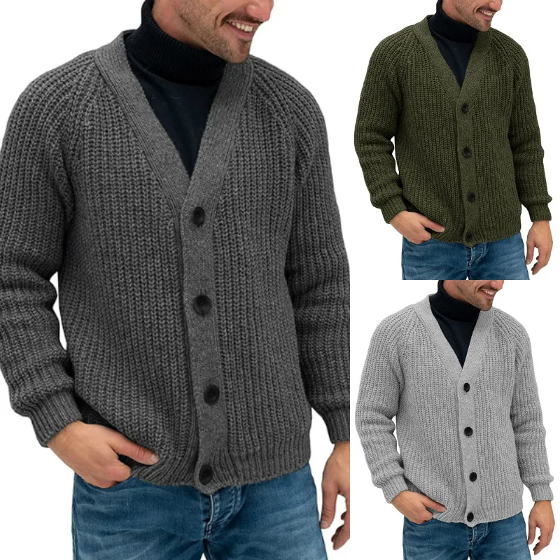 

Autumn Winter Men Knitted Sweater Plus Size Boys Vintage Grey Cardigan Button Up Long Sleeve V Neck Knit Top Xxl Street Knitwear