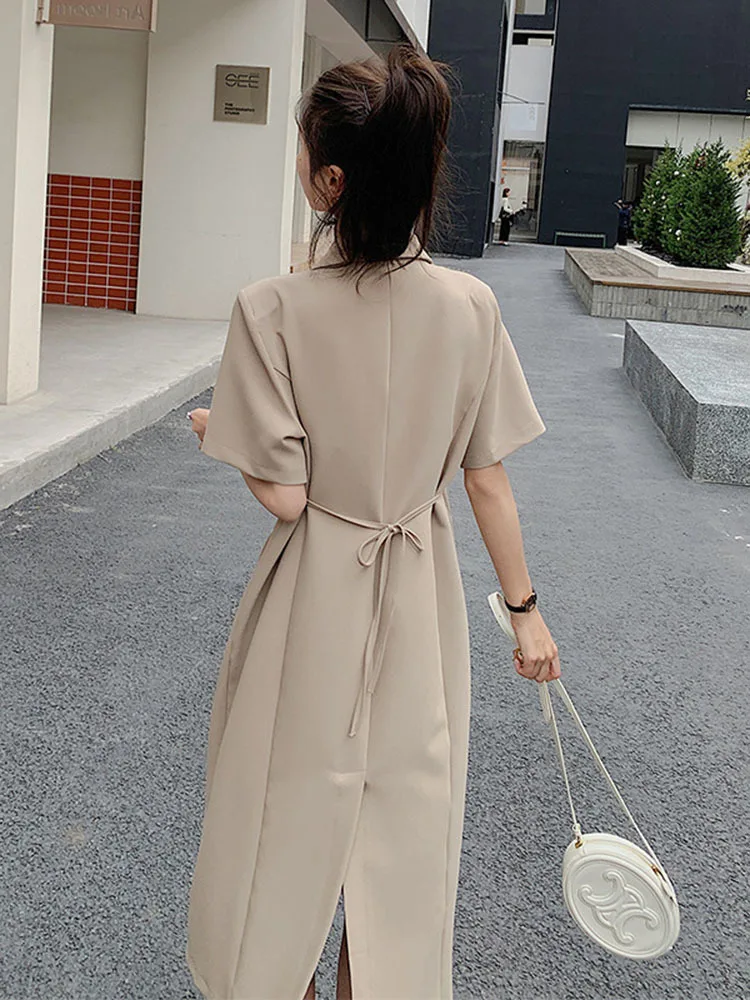 LANMREM Designer Dress For Women Laple Double Breasted Short Sleeves Solid Slim Dresses Female Clothing 2024 Spring New 2YA1571