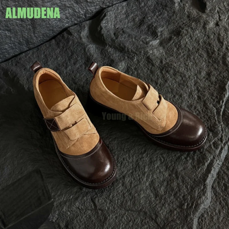 Women Retro Patchwork Loafers Round Toe Chunky Block Heel Hook Loop Strap Design Non Slip Thick Sole Casual Daily Commute Shoes