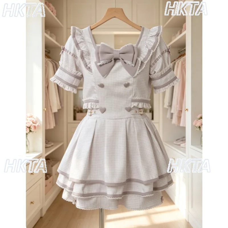 Jirai Kei Japanese Liz Bow Waist Slim Sweet Lolita Dress + Shorts Set Summer New Color Matching Short-sleeved Dress with Choker
