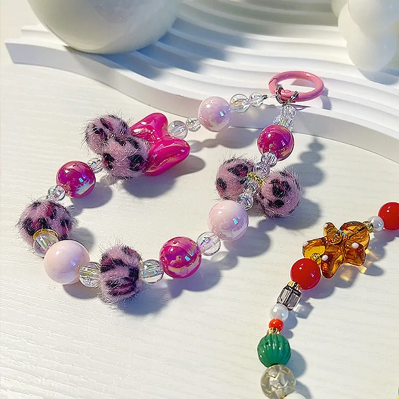 Korea Stylish Winter Leopard Print Hairball Cute Bowknot Beaded Keychain Phone Chain Pendant Backpack Lanyard Bracelet Wristband