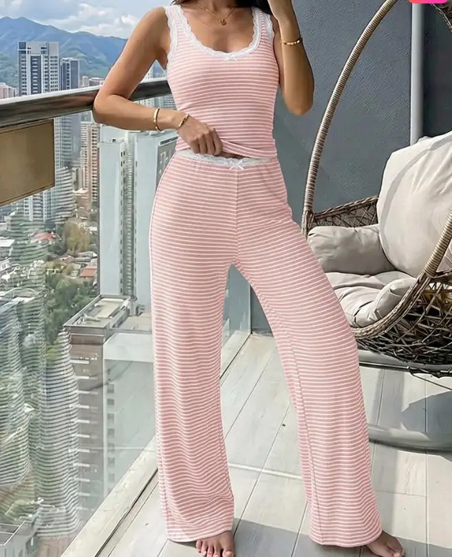 

Two Piece Set Women Outfit 2026 Spring New Lace Trim Stripe U-Neck Sleeveless Rib Knit Tank Top & Wide Leg Pajamas Pants Set