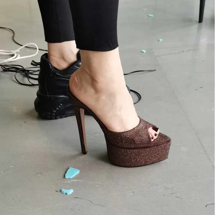 

Women Brown Rhinestone Platform Mules Open Toe Extreme High Heel Party Clubwear Slip On Sandals Sparkly Evening Party Sandals