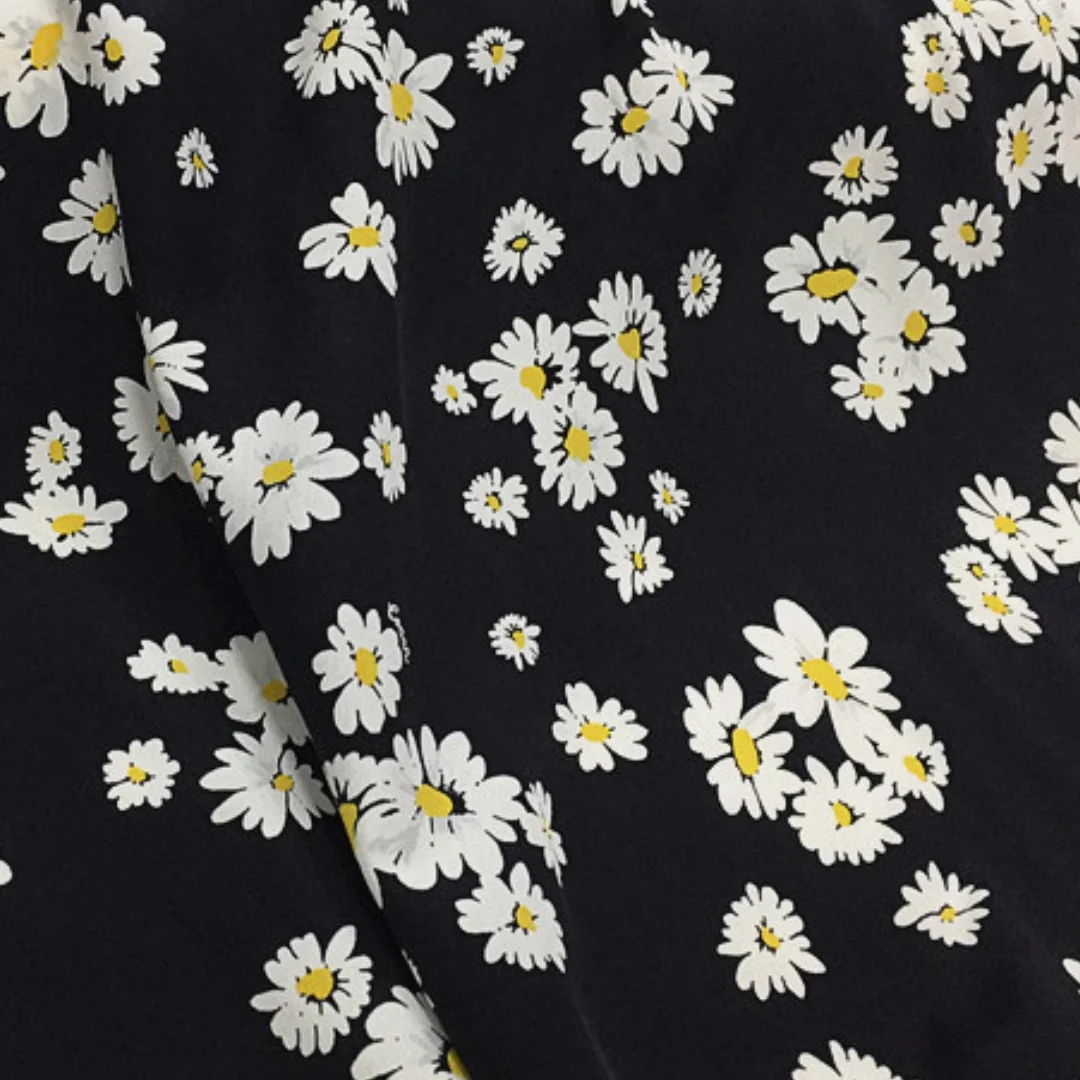 1 meter 100% Mulberry Silk 16 momme Crepe Silk Fabric Black Daisy Floral Printed 138cm 54