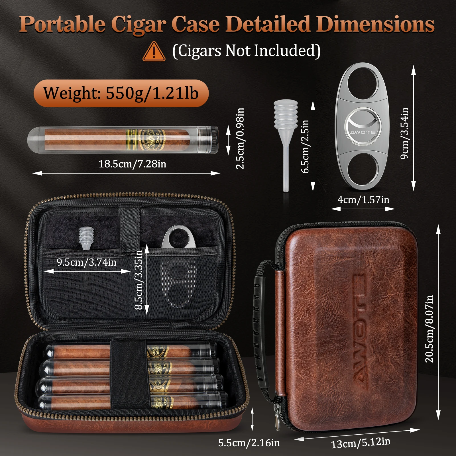 AWOTE Leather Travel Cigar Humidor with 4 Cigar Tube and Cigar Cutter,Cigar Accessories Gift Set for Men,Lighter not included