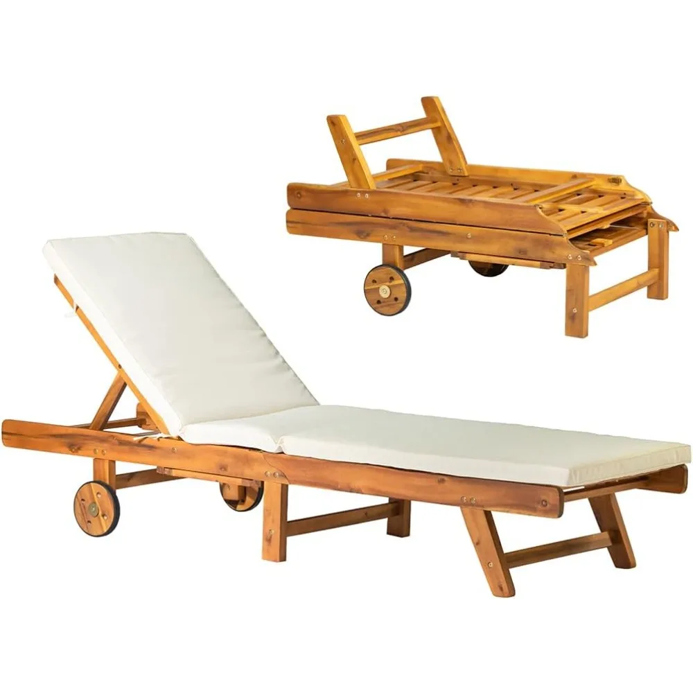 

Acacia Wood Chaise Lounge Patio Outdoor Folding Lounge Chair Recliner Portable Sun Lounger with Adjustable Backrest, Wheels, Cu