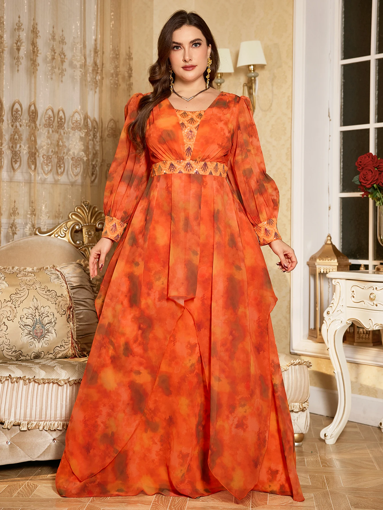 UNITHORSE Abito da sera in chiffon multicolore con stampa casuale, colletto quadrato, manica a lanterna, perline di lusso impreziosite