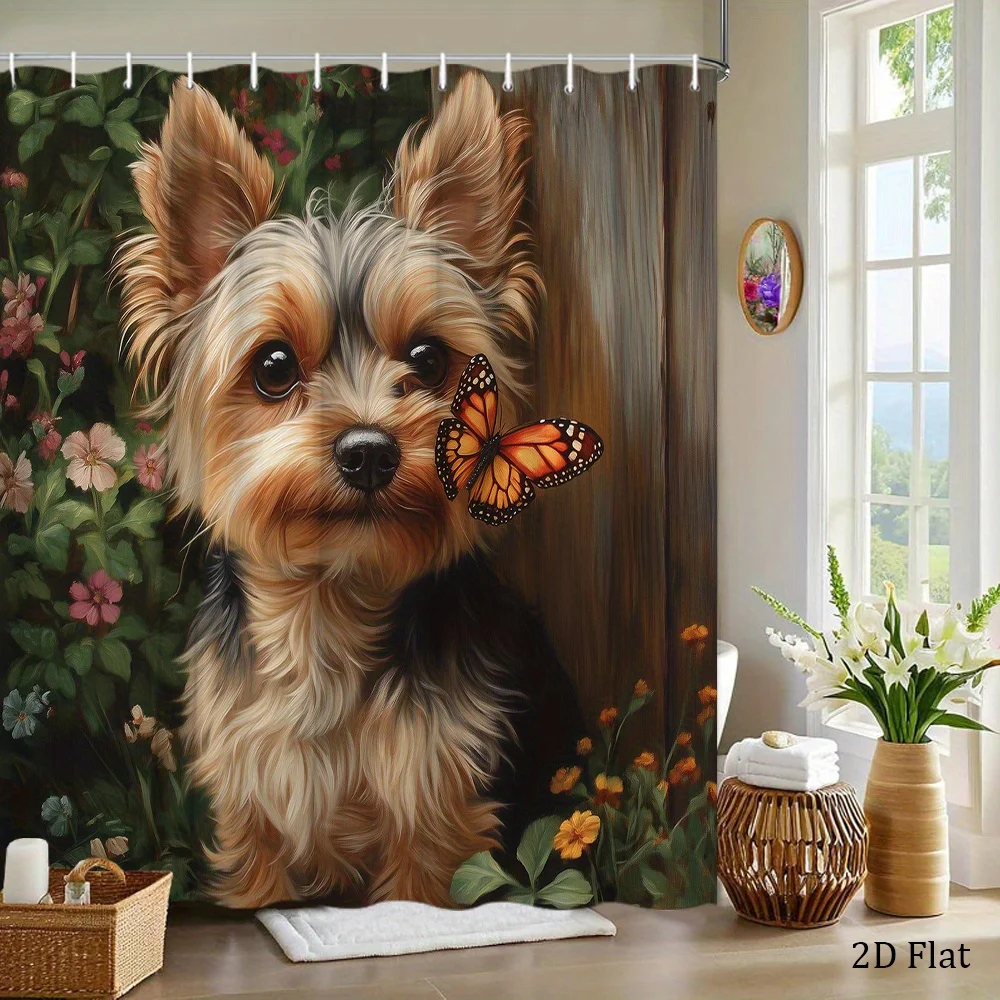 1pc a Shower Curtain Featuring a Beige And Black Yorkshire Terrier, Adorned with a Lively Garden Butterfly, a Rustic Fence, And