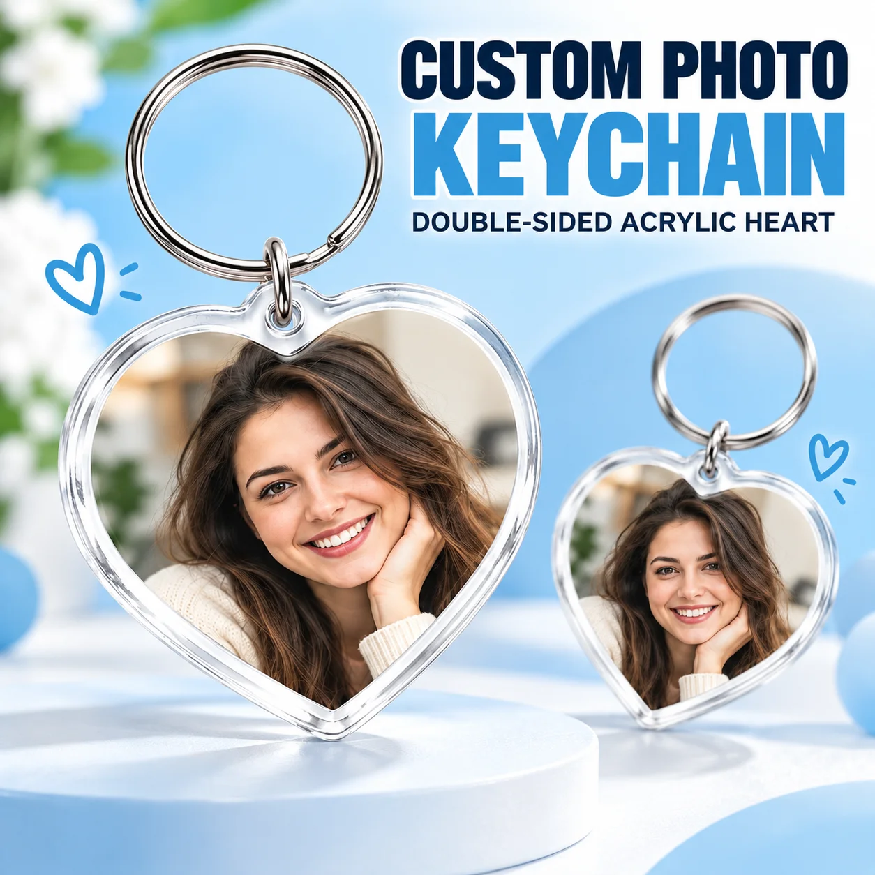 Personalized Photo Keyring Custom Heart Acrylic Keychain Double Sided Print Clear Plastic Pendant Metal Ring for Bag Keys Gift