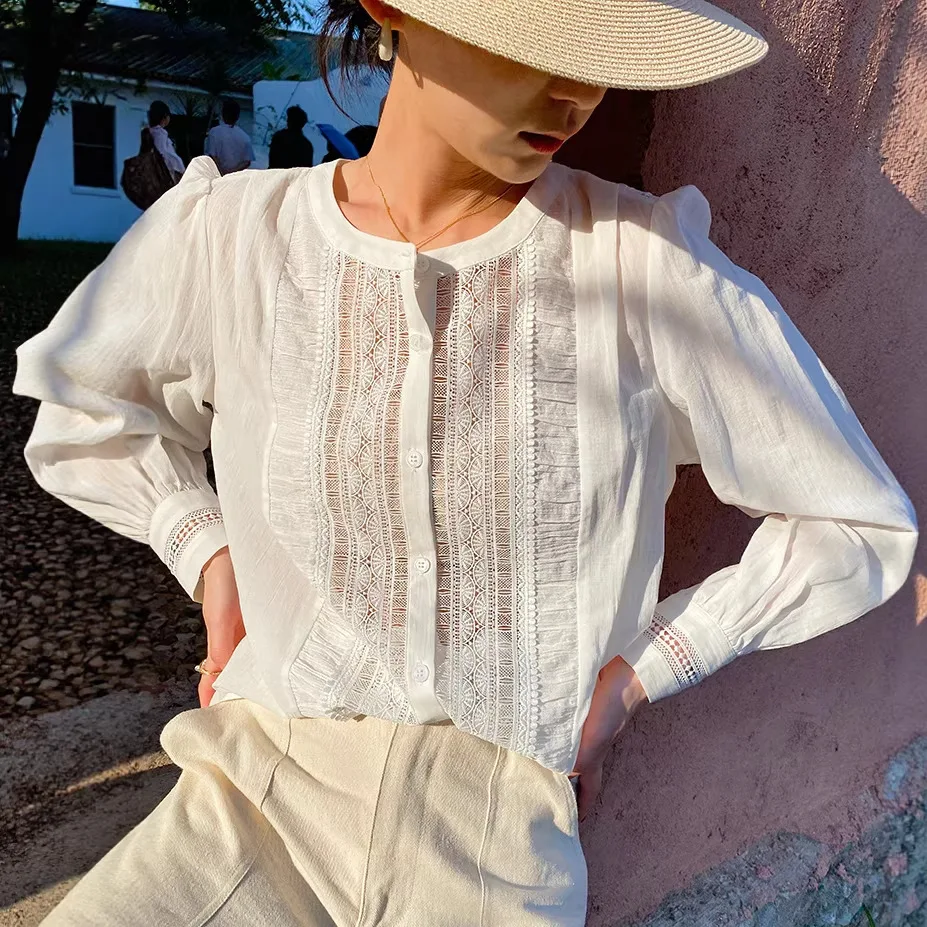

French Style Boho Lace Blouse Shirt Women White Crochet Sheer 100% Cotton Long Sleeve Spring Elegant Vintage Ladies Casual Tops