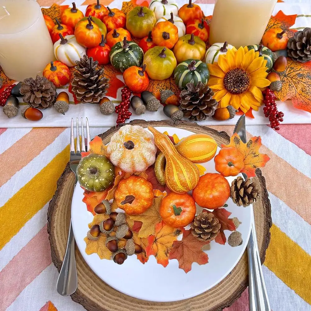 Autumn Harvest Decoration Set 50pcs with for mini Pumpkins Leaves & Pine Cone for Seasonal Table and Fireplace Setup