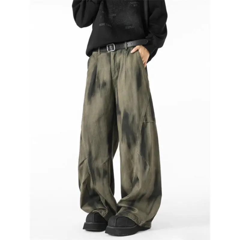 Men\'s Distressed Tie-dye Denim Pants Male Casual Fashion Straight Loose Wide Leg Trousers Jeans Vintage Hip Hop Mopping Pants