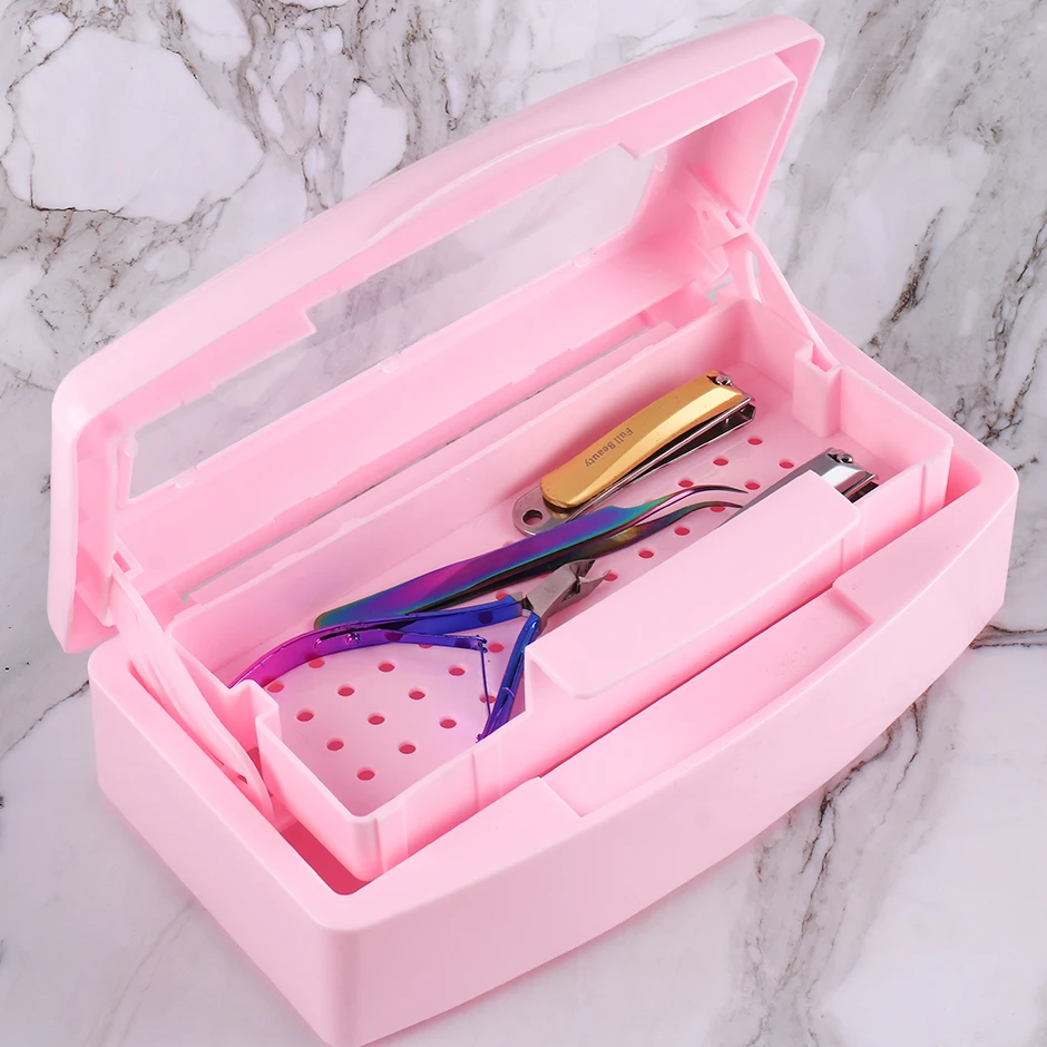 Nail Sterilizer Disinfection Box Pink Manicure Metal Nail Tool Tweezers Instrument Sterilizer Tray Salon Cleaner Equipment SAG08