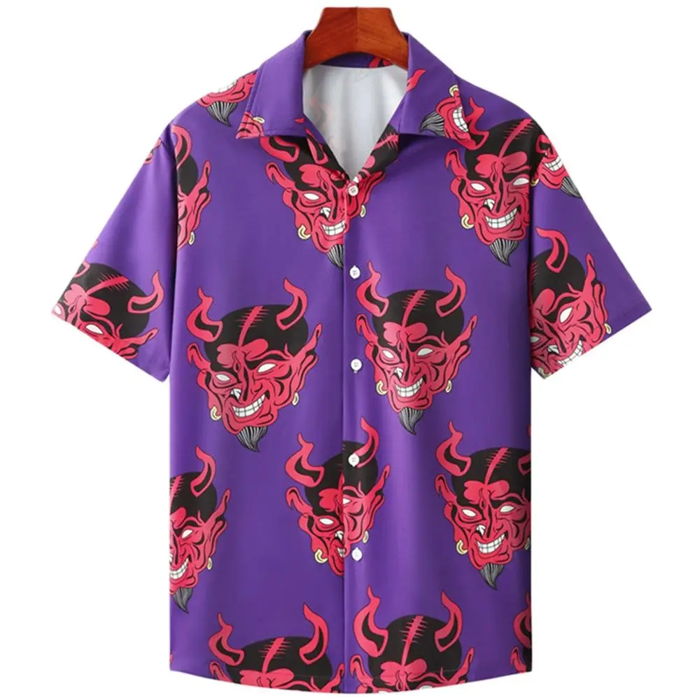 Camisa Vintage con estampado de diablo para hombre, camisa holgada de manga corta con un solo pecho, patrón de Anime, Top de playa