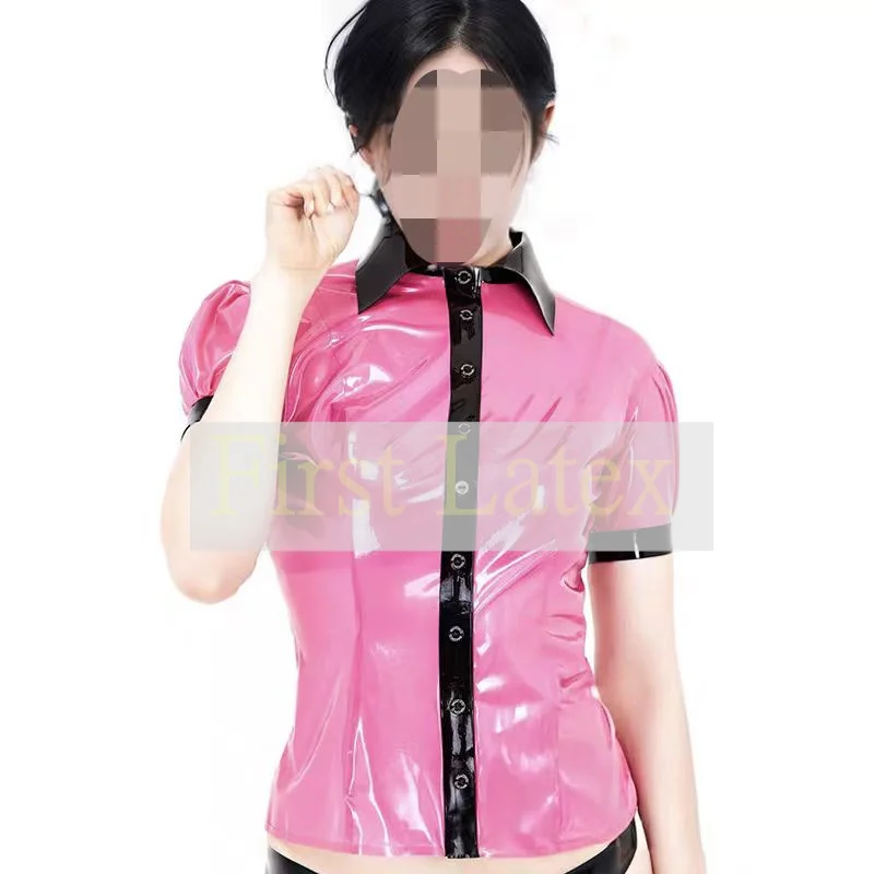 

Natural Woman Latex Sexy Short Sleeve Shirt With Black Decoration Rubber Female Polo Shirt Fetish Casual Top Party Outfit