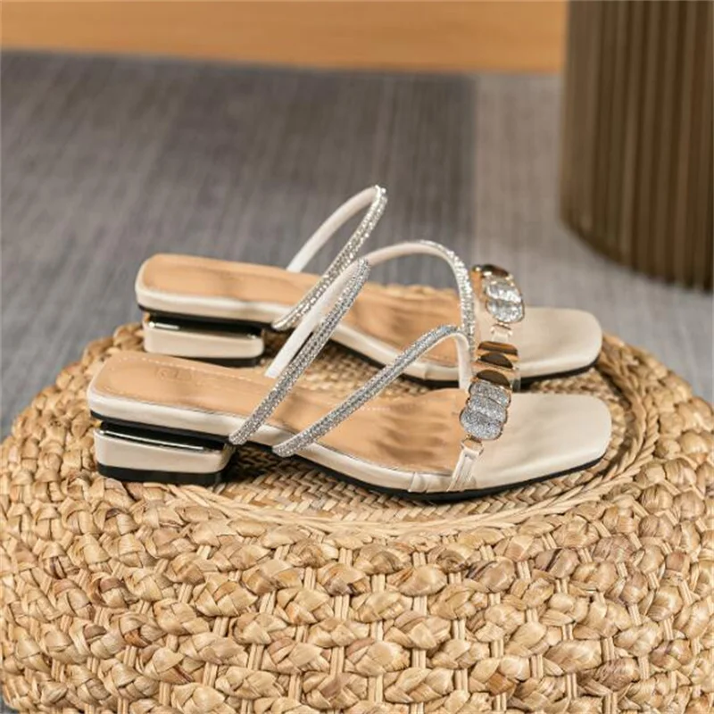 Summer New Women's Slippers Outdoor Sandals Casual Flat Shoes Stylish Metal Design Korean Style Office Wear Large Size 43