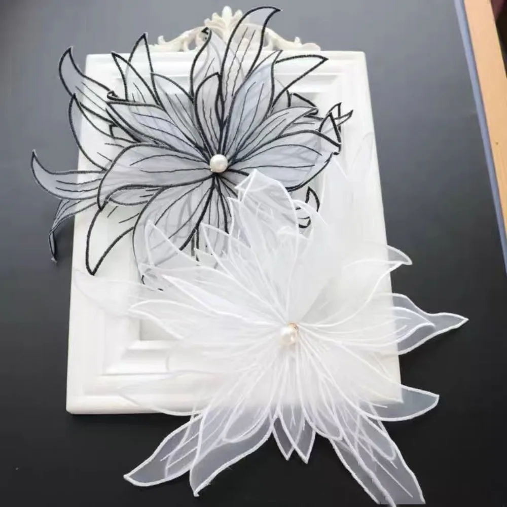 Flower Shape Embroidered Fabric Lace Ribbon Applique DIY Handmade Beaded Large Flower Wedding Dress Sewing Clothing Accessories